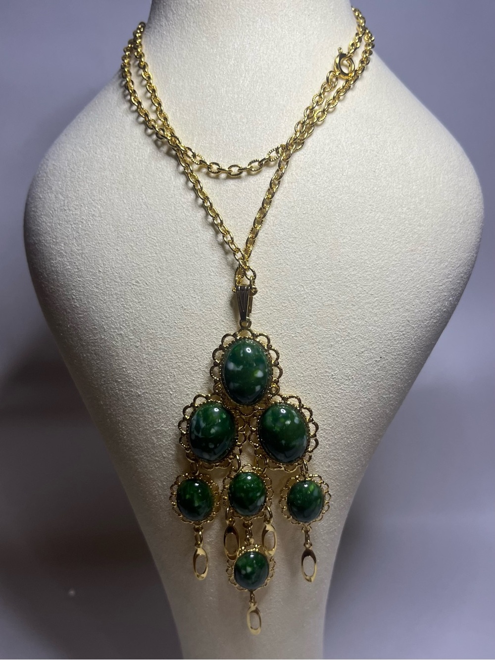 Gold-Tone Green Stone Statement Pendant Necklace
